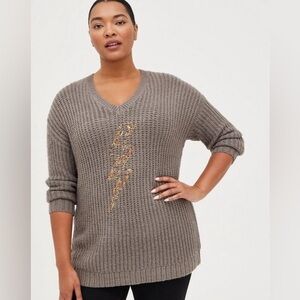 Torrid Chunky Pullover Tunic Sweater Brown V-Neck Ribbed SZ 1X Harry Potter